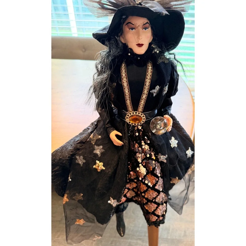 Halloween Sitting Witch Doll Sequined Gown‎ Crystal Ball Decor Black Copper 24